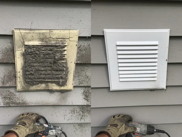 Hartford Dryer Vent Cleaning technician installing high-quality dryer vent cover at a residential property in Hartford
